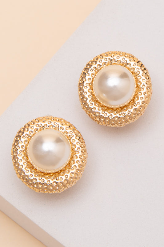 Penelope Center Pearl Textured Button Clip On Earrings