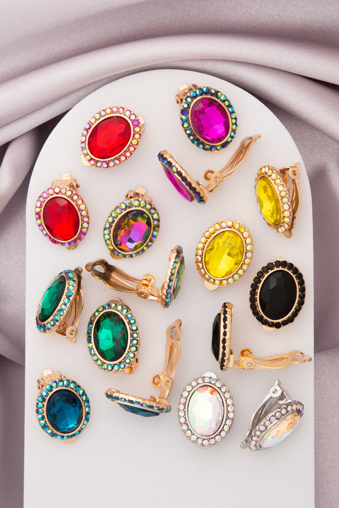 Elena Rhinestone Halo Oval Cut Crystal Clip-On Stud Earrings
