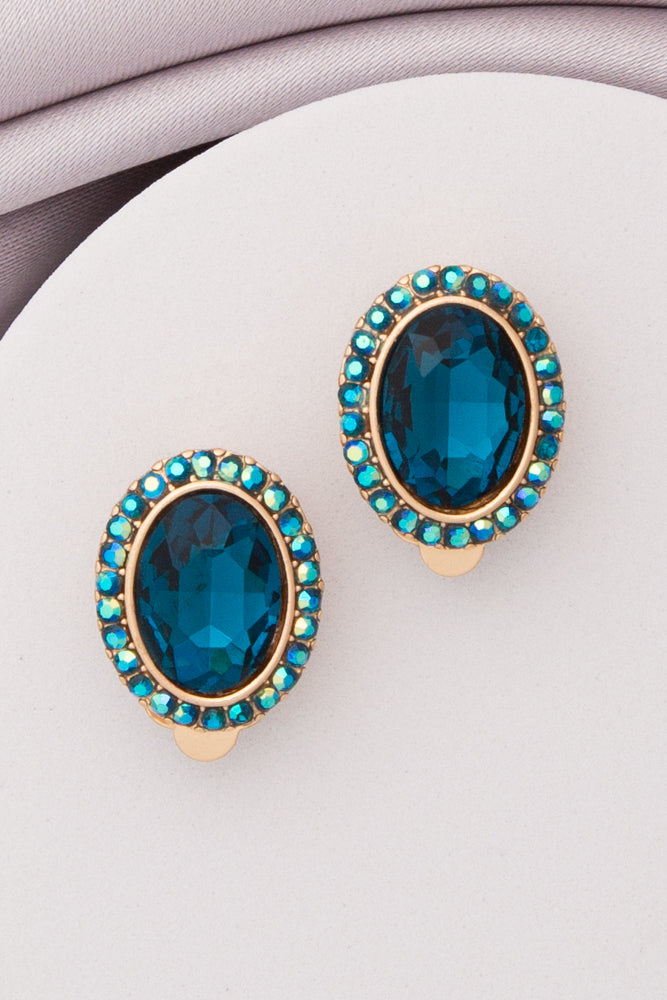 Elena Rhinestone Halo Oval Cut Crystal Clip-On Stud Earrings | Blue