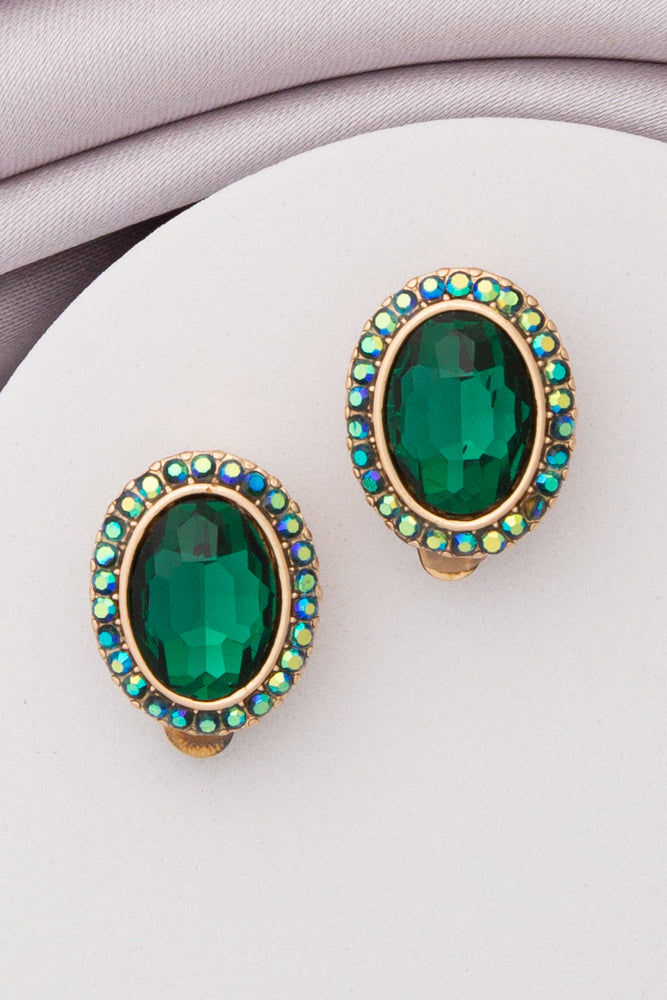 Elena Rhinestone Halo Oval Cut Crystal Clip-On Stud Earrings | Green