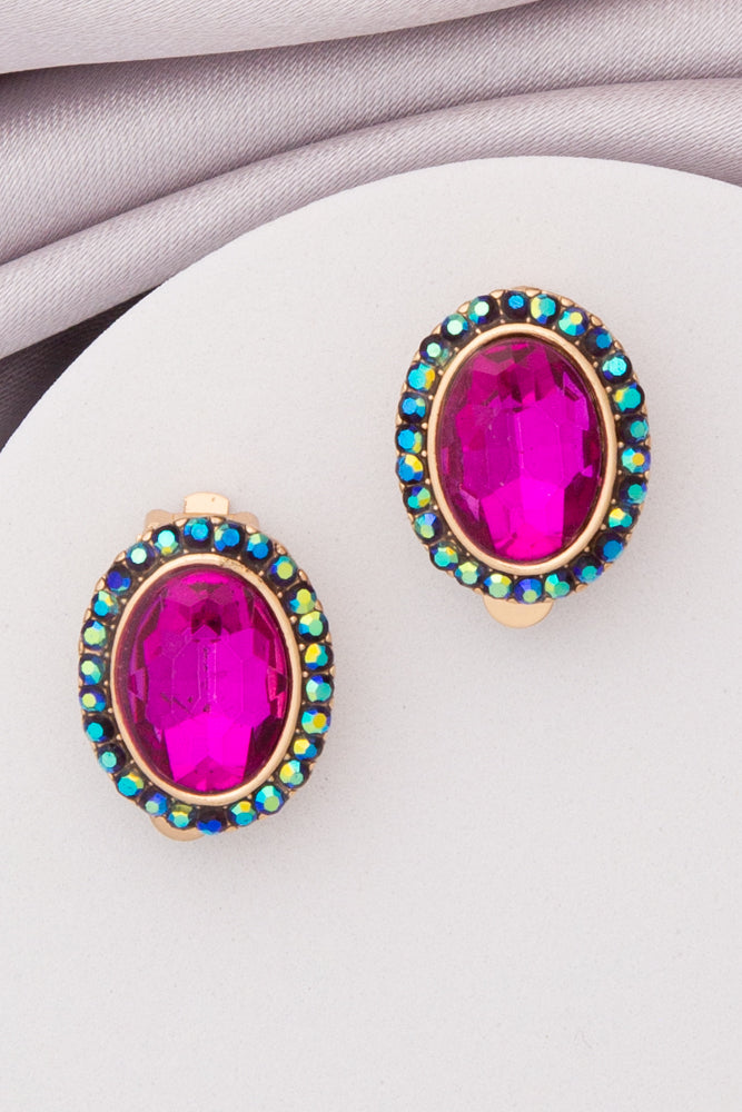 Elena Rhinestone Halo Oval Cut Crystal Clip-On Stud Earrings