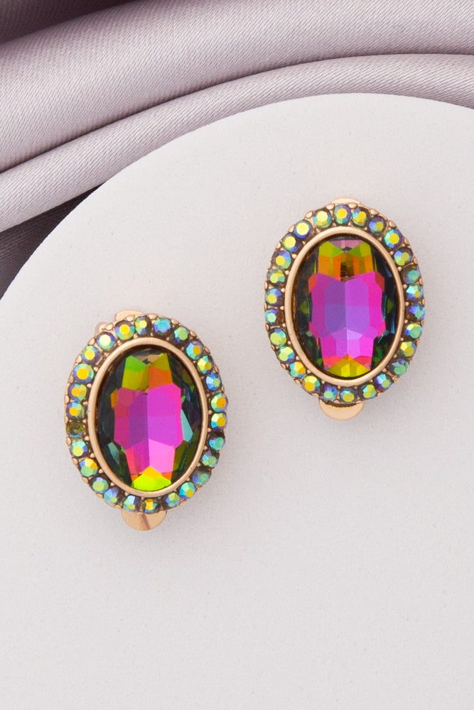 Elena Rhinestone Halo Oval Cut Crystal Clip-On Stud Earrings