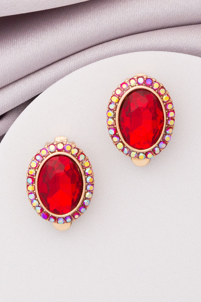 Elena Rhinestone Halo Oval Cut Crystal Clip-On Stud Earrings