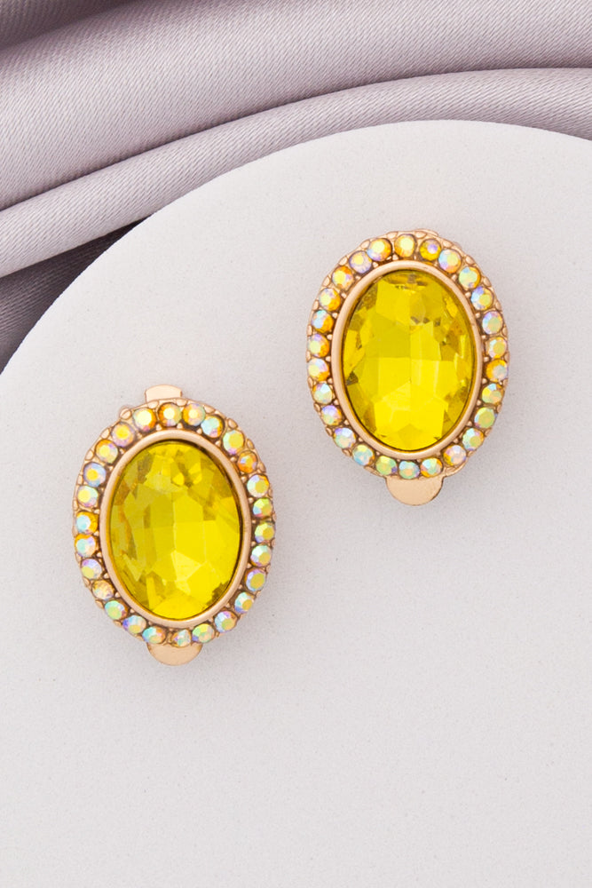 Elena Rhinestone Halo Oval Cut Crystal Clip-On Stud Earrings