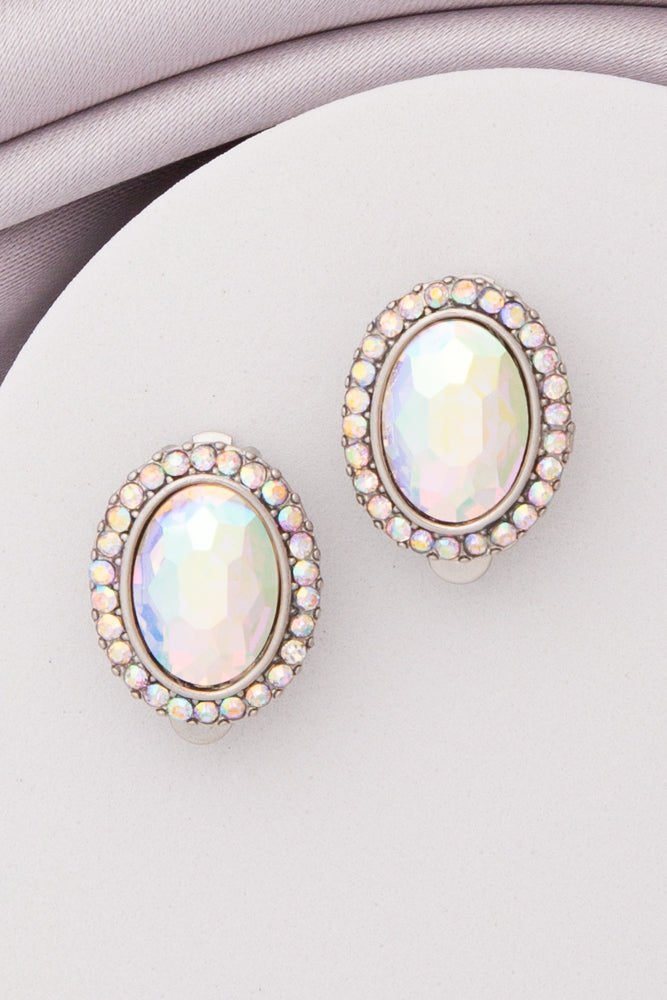 Elena Rhinestone Halo Oval Cut Crystal Clip-On Stud Earrings