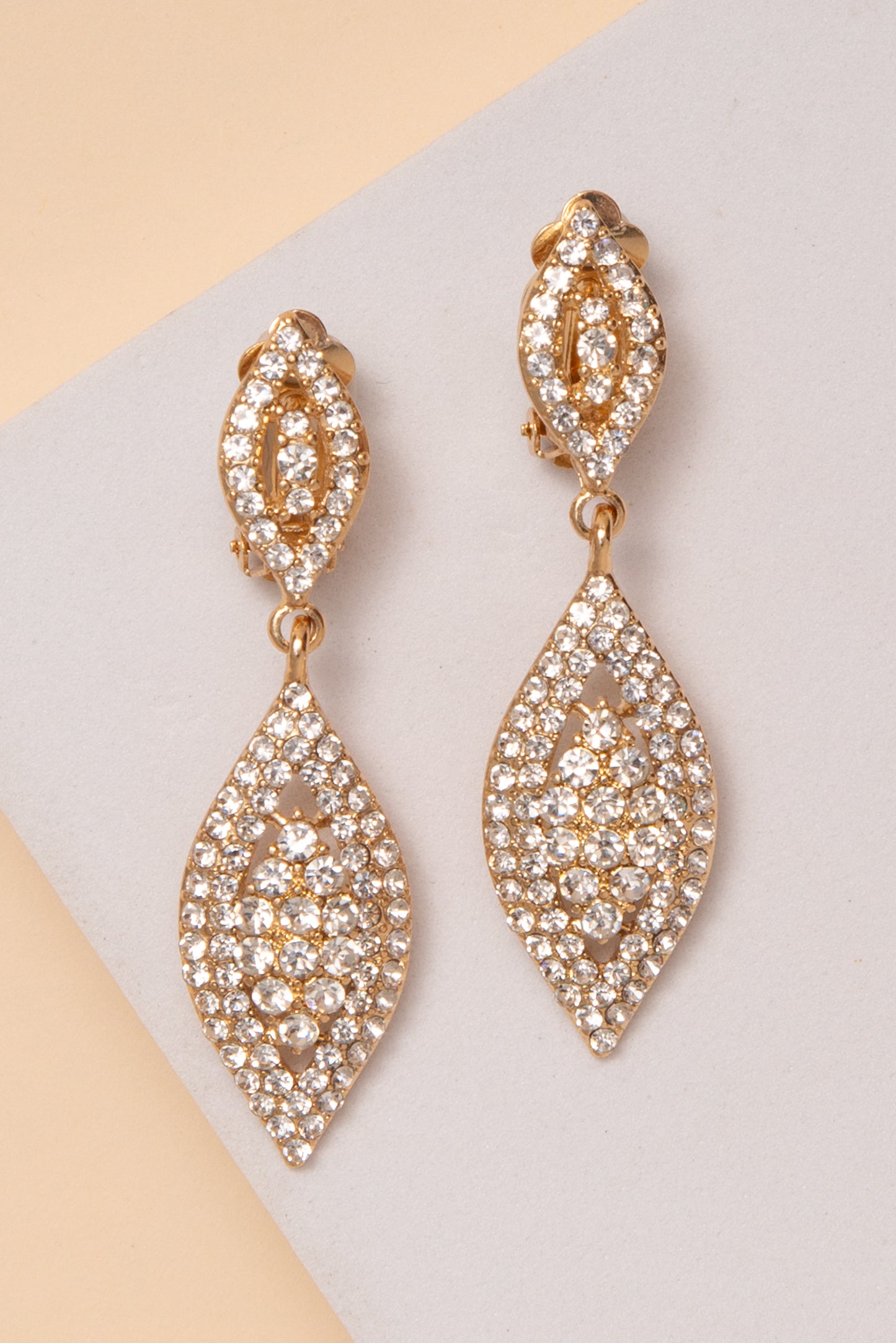 Kimberly Leaf Drop Clip On Earrings With Rhinestone Detail | Gold