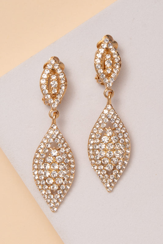 Kimberly Leaf Drop Clip On Earrings With Rhinestone Detail | Gold