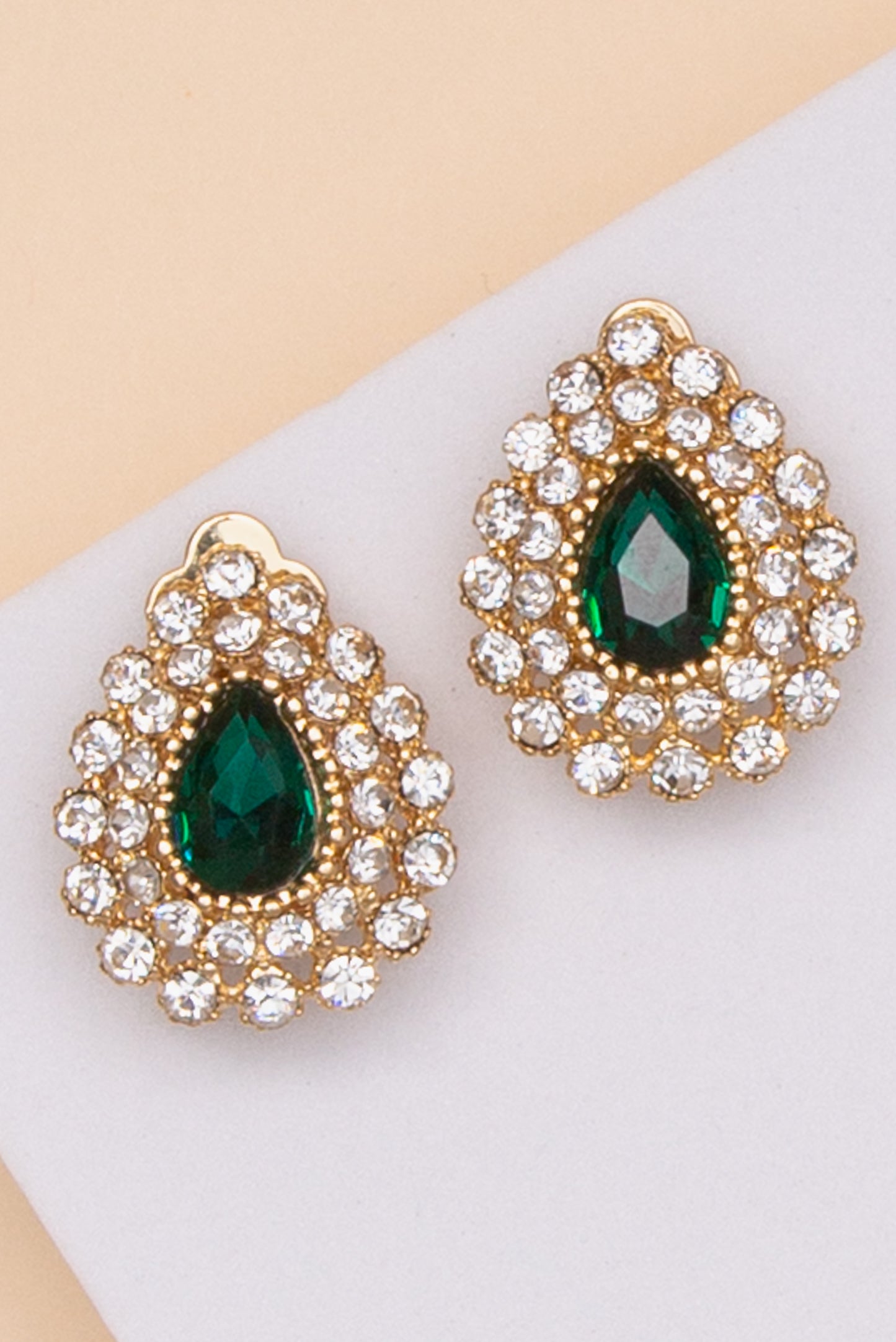 Monica Teardrop Crystal Halo Clip-On Earrings | Green