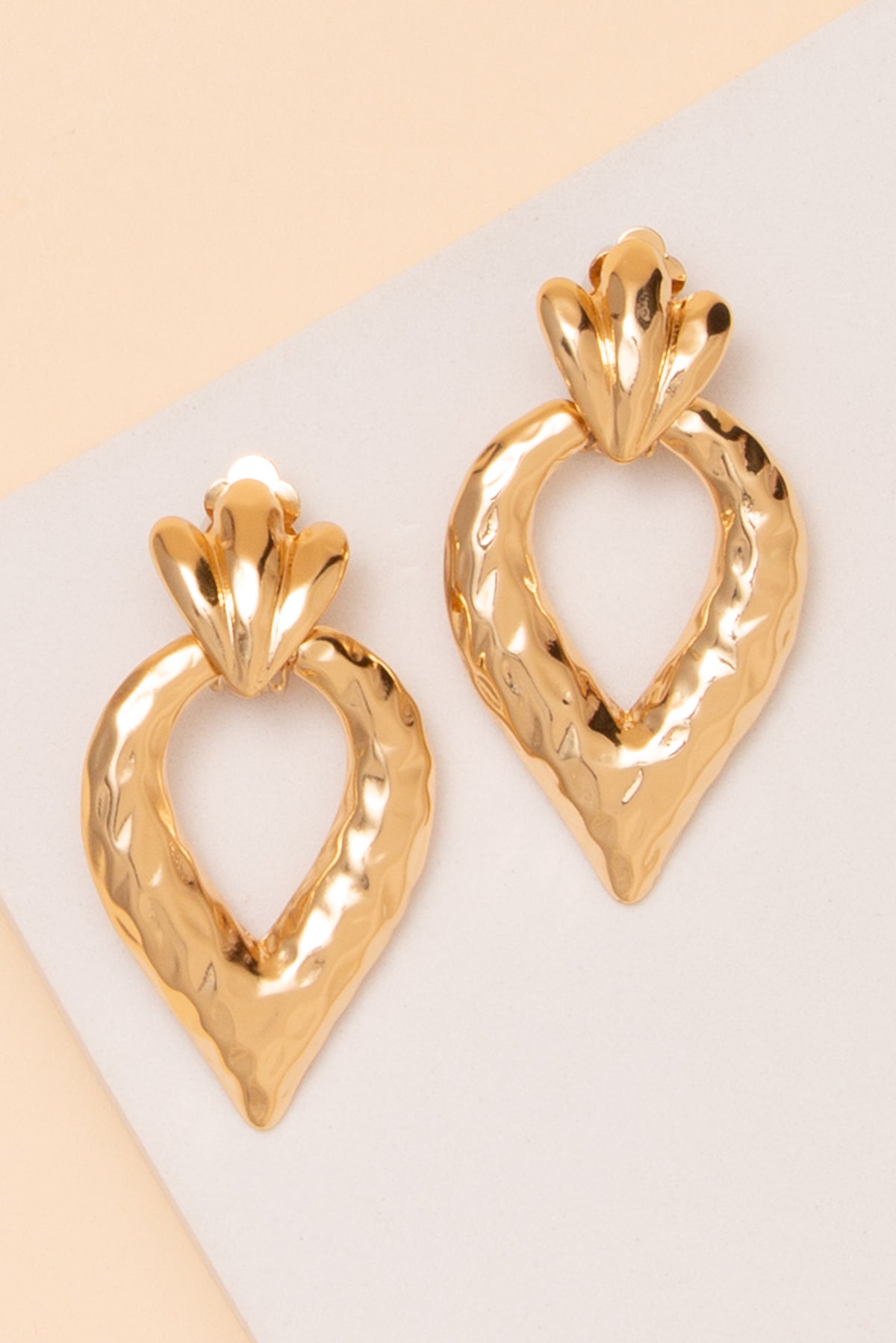 Evelyn Hammered Open Teardrop Clip On Earrings | Gold