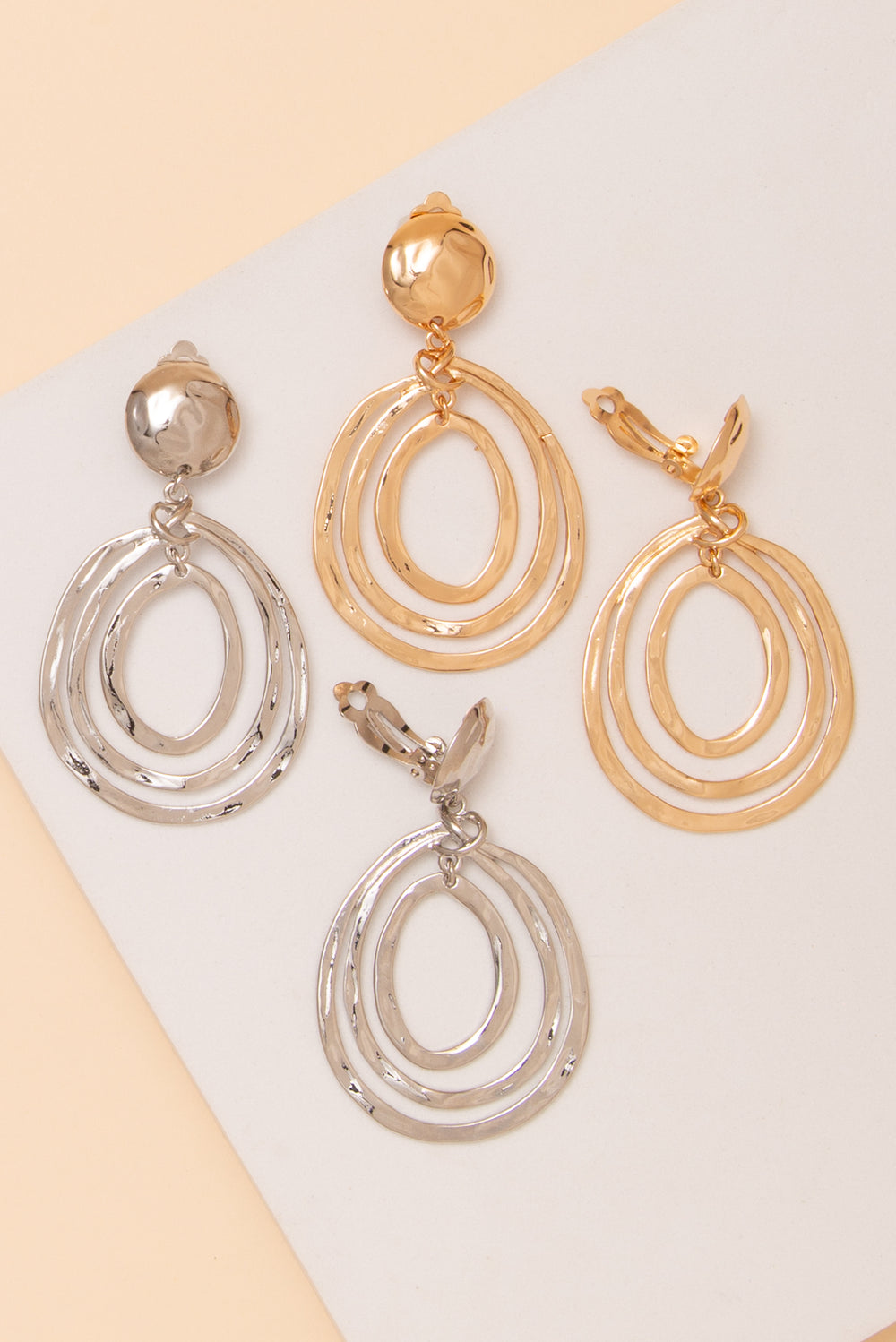Millie Hammered Metal Multi Open Oval Dangle Clip-On Earring