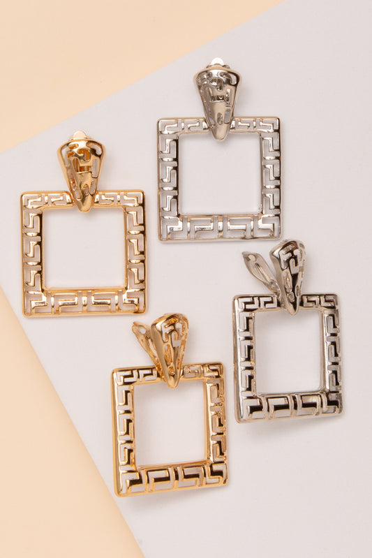 Jane Greek Key Square Clip-On Earrings