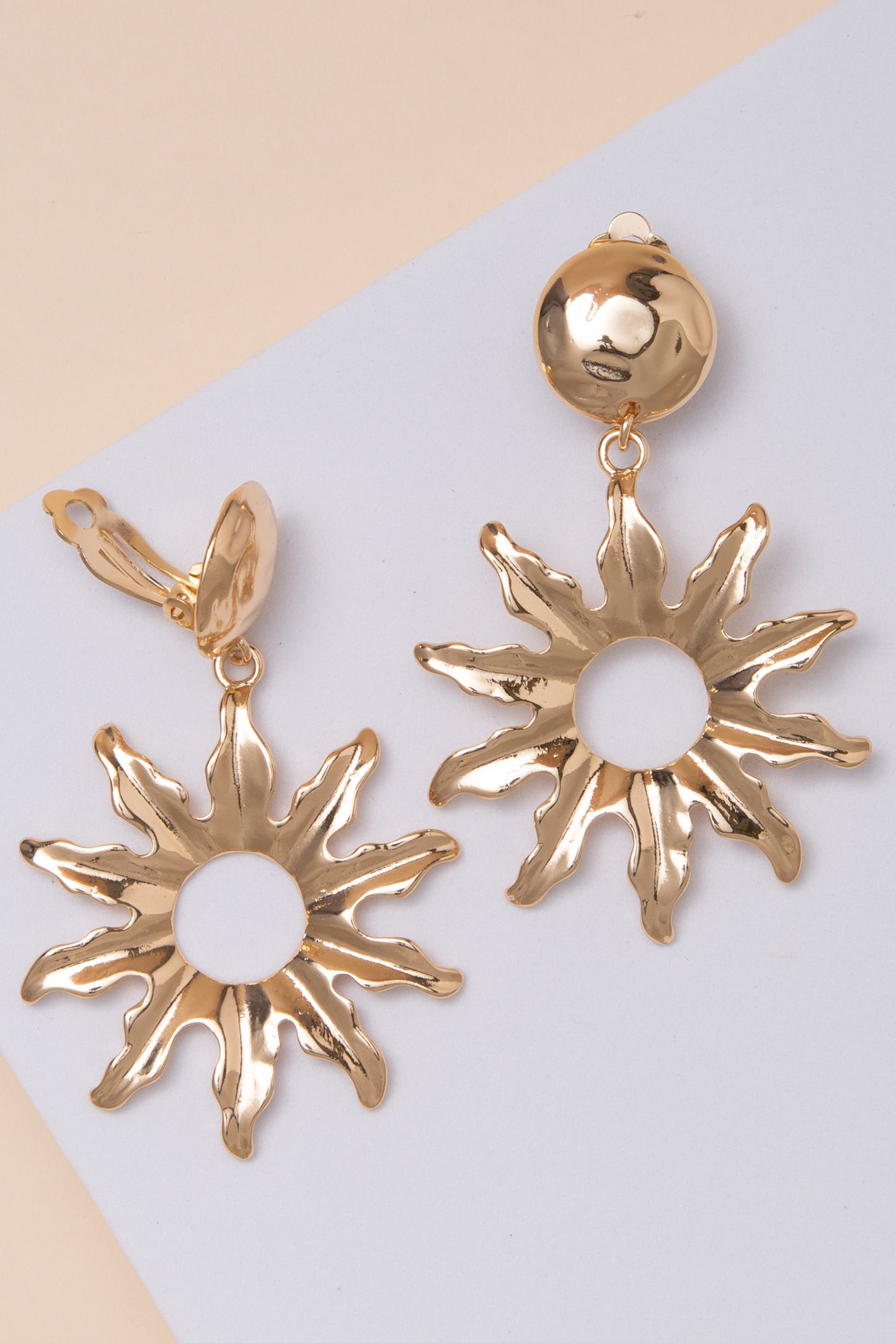 Rebecca Clip On Earrings with Metal Sunburst Cutout Drop | Gold