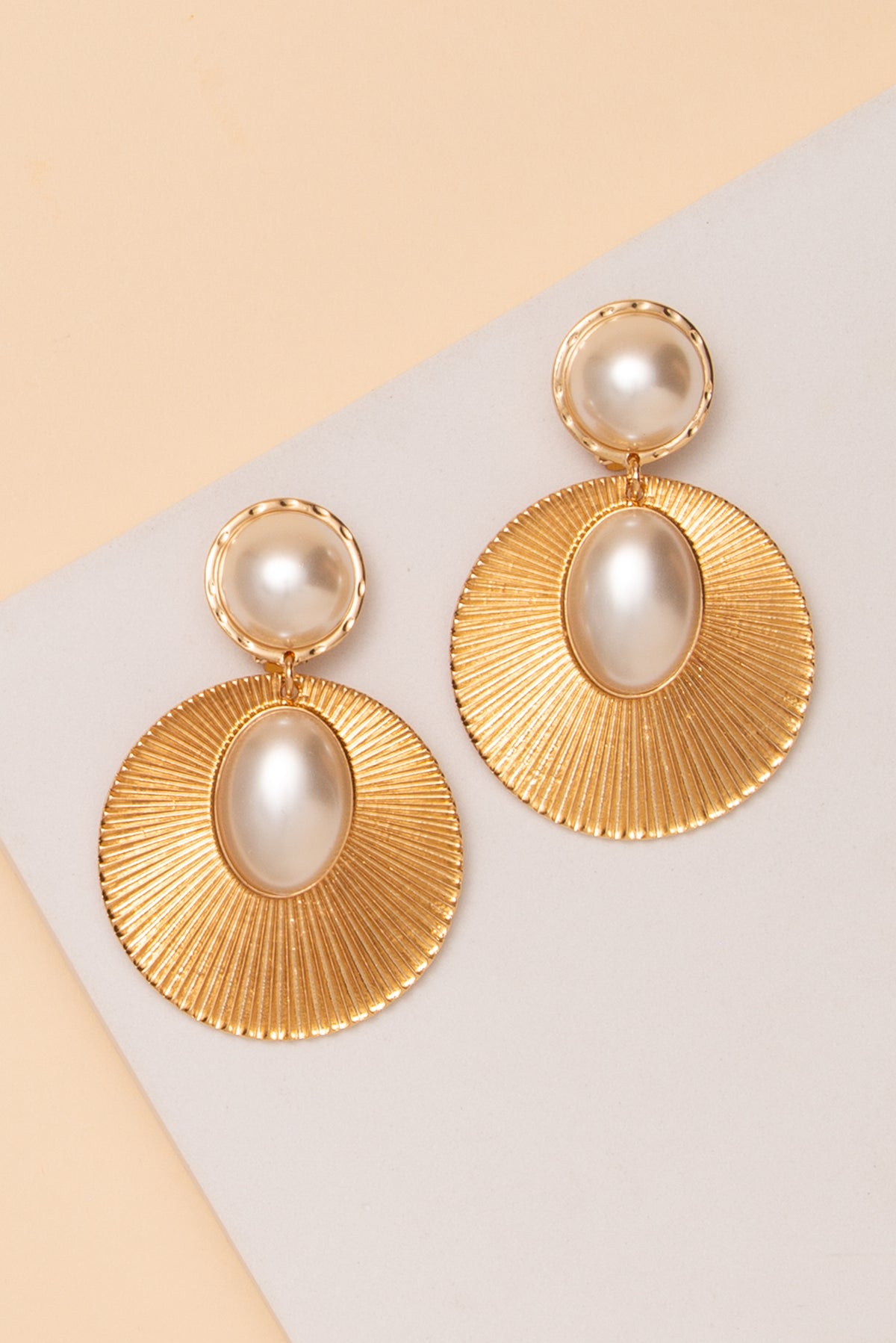 Liliana Oval Pearl Sunburst Disc Clip On Earrings | Gold