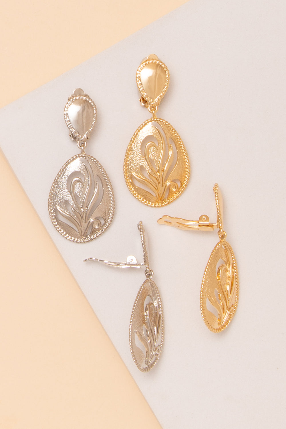 Valerie Textured Cutout Leaf Teardrop Clip On Earrings