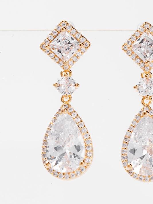 Rhea White Gold Plated Drop CZ Earrings | Gold