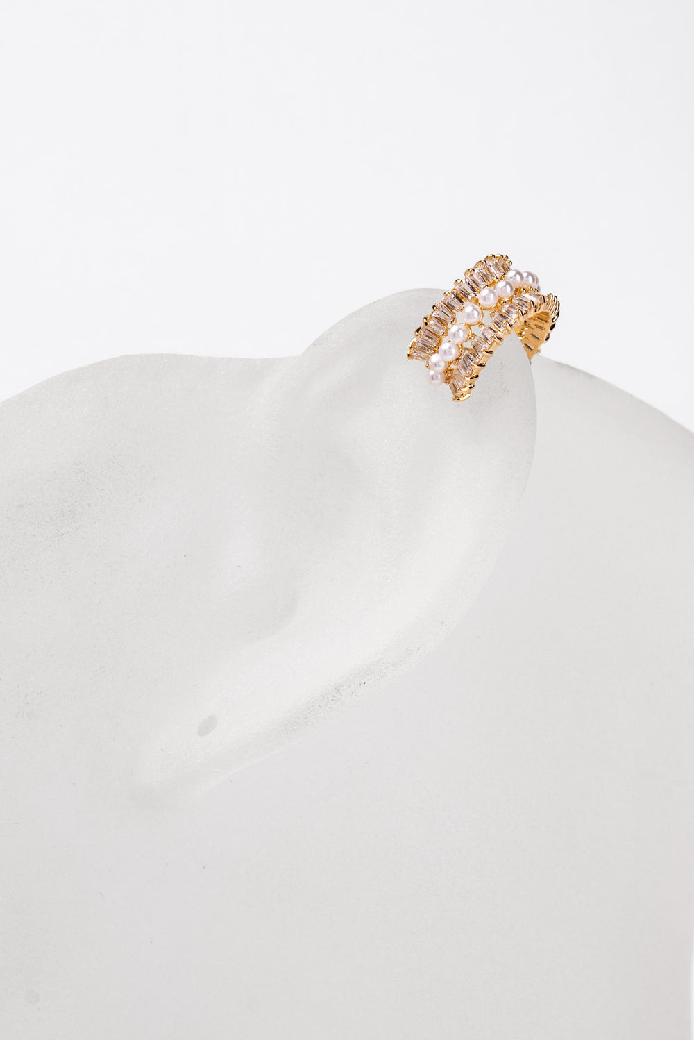 Stacey 3 Row CZ Baguette & Pearl Ear Cuff Earrings | Gold