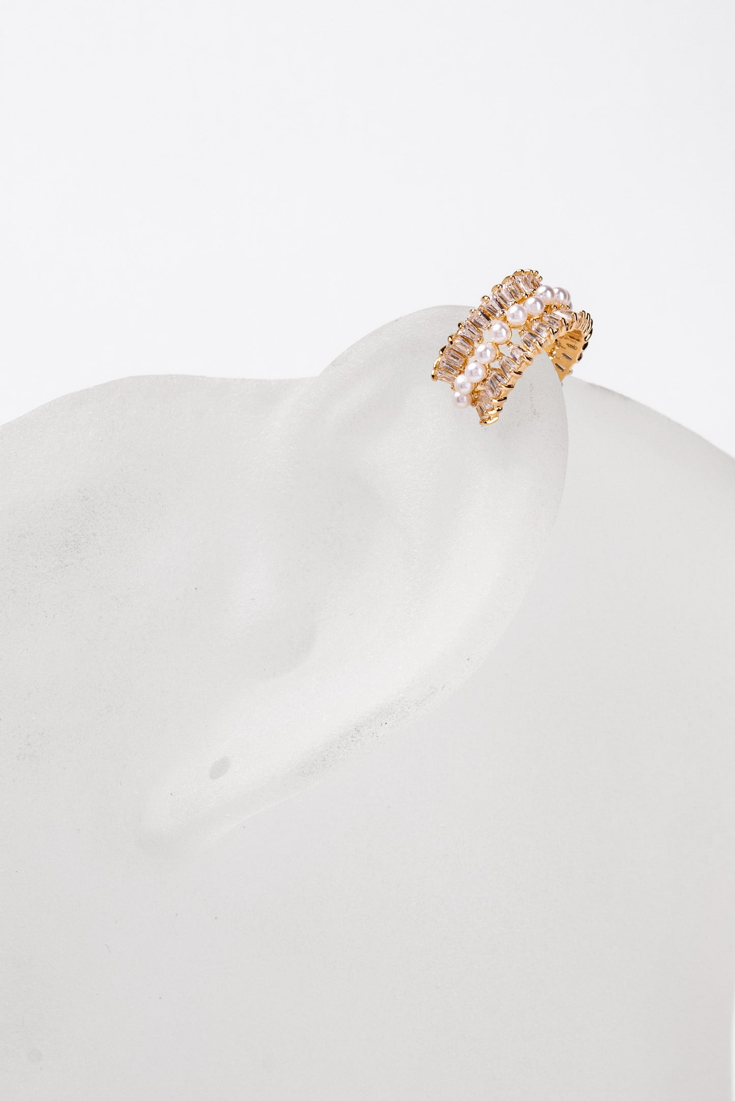 Stacey 3 Row CZ Baguette & Pearl Ear Cuff Earrings