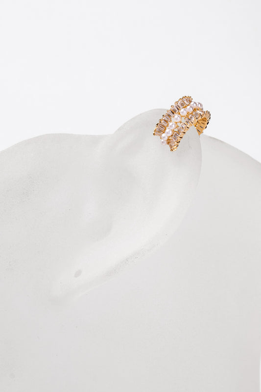 Stacey 3 Row CZ Baguette & Pearl Ear Cuff Earrings | Gold