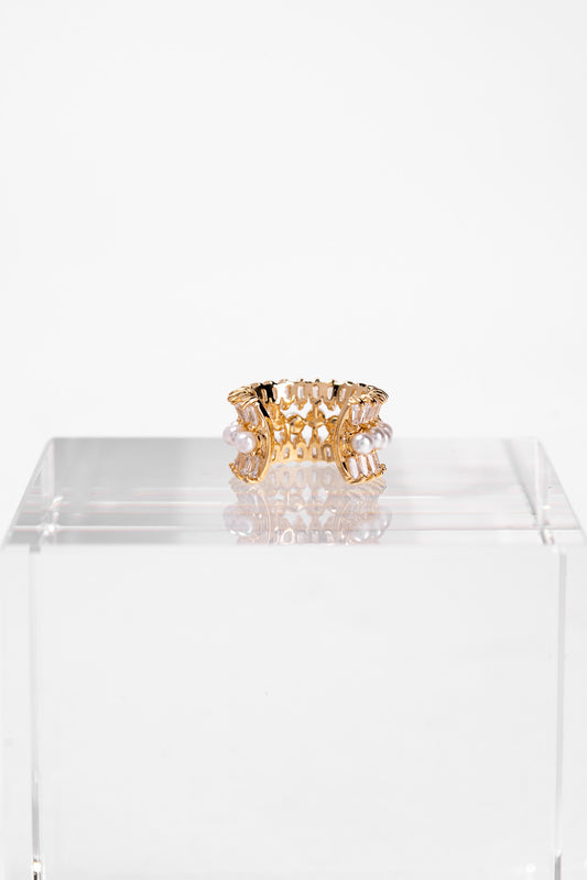Stacey 3 Row CZ Baguette & Pearl Ear Cuff Earrings | Gold