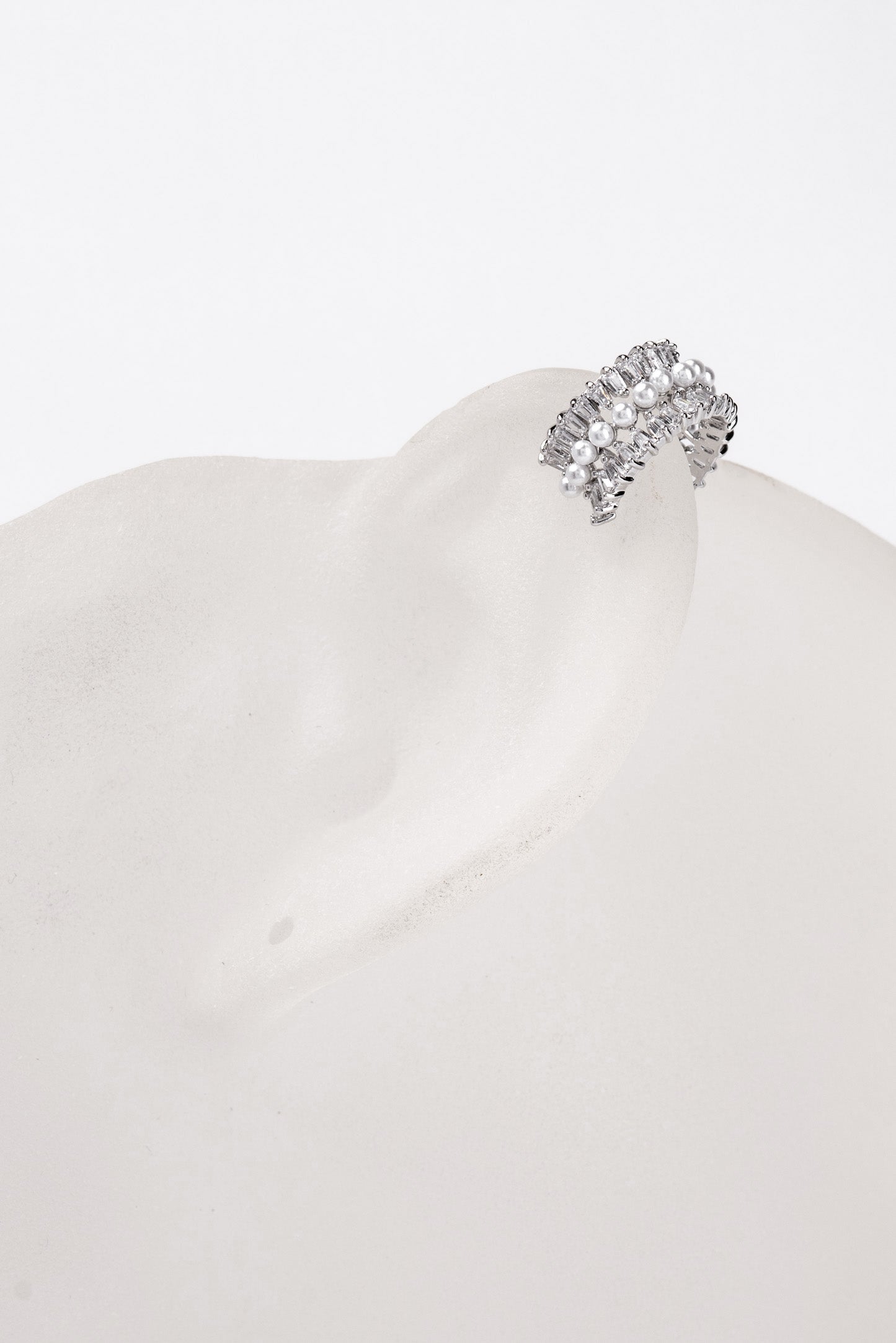 Stacey 3 Row CZ Baguette & Pearl Ear Cuff Earrings