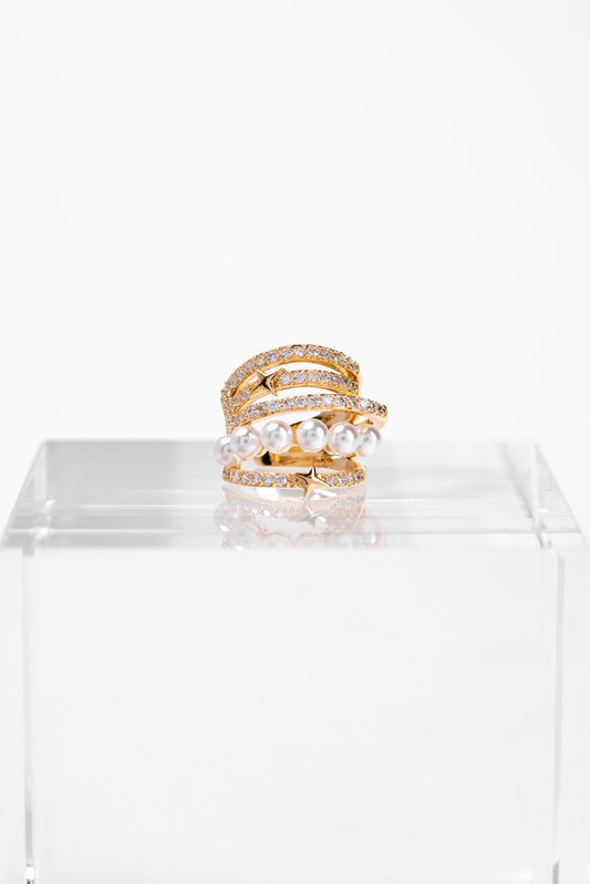 Sabrina 5 Row CZ & Pearl Star Design Ear Cuff | Gold
