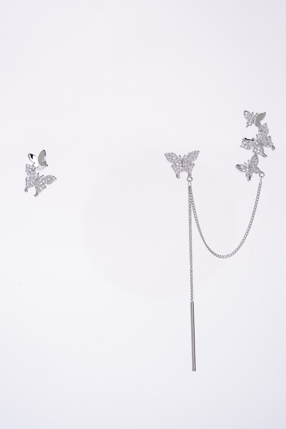 Silvia CZ Butterfly Ear Cuff Dangle Chain Earrings | Silver