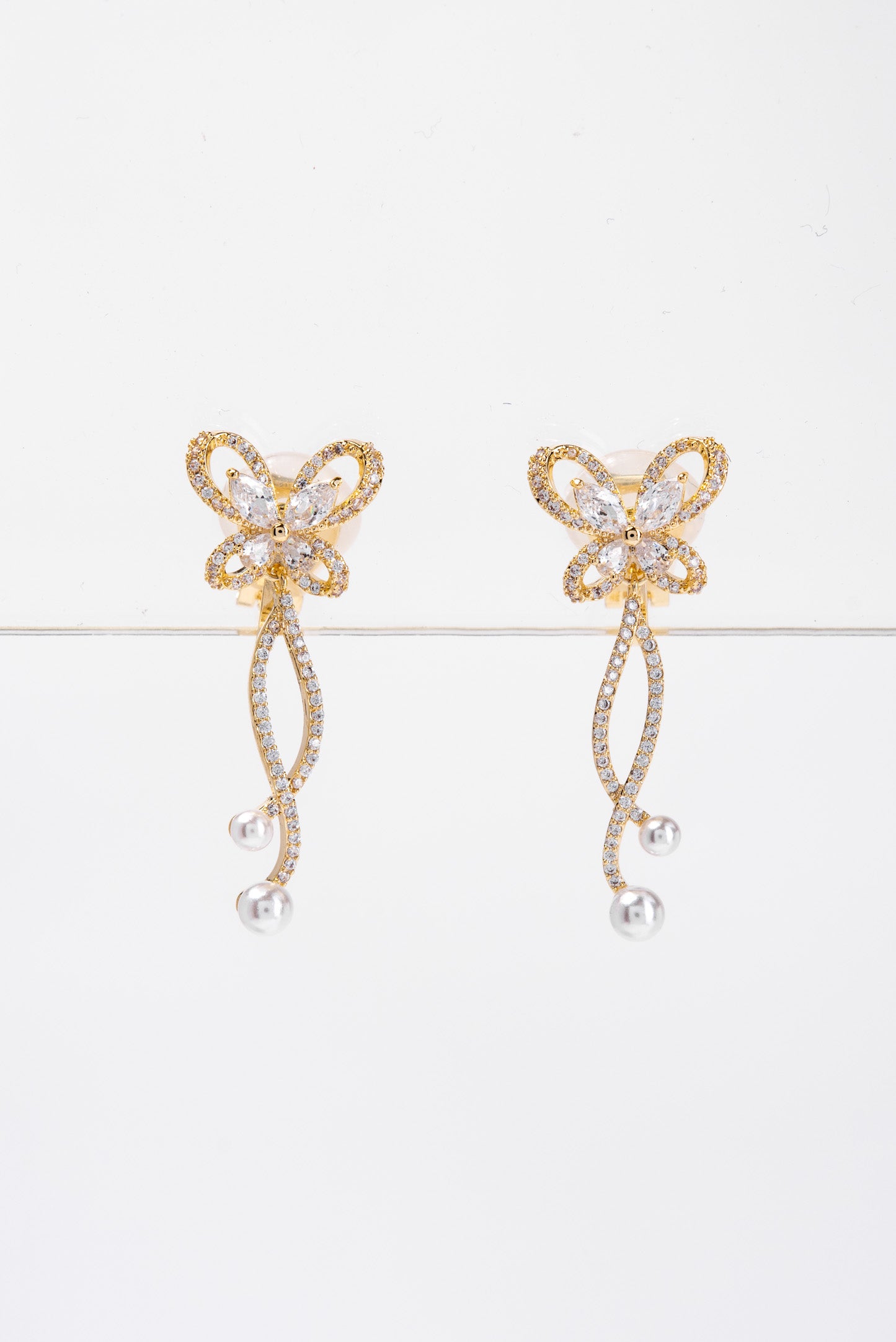 Isla Butterfly Bow Rhinestone Pearl Dangle Earrings