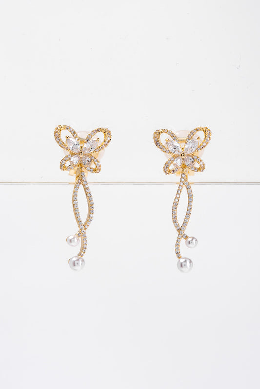 Isla Butterfly Bow Rhinestone Pearl Dangle Earrings