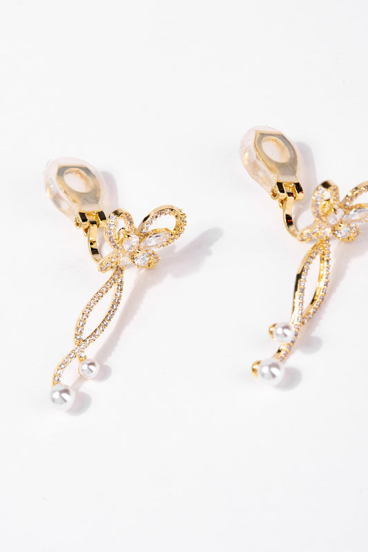 Isla Butterfly Bow Rhinestone Pearl Dangle Earrings | Gold
