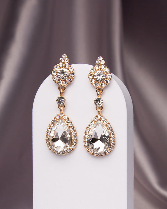 Madison Rhinestone Pave Teardrop Cut Crystal Earrings | Gold Clear