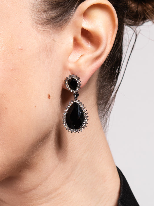 Clara Drop Pointed Rim Stone Post Earrings | Black