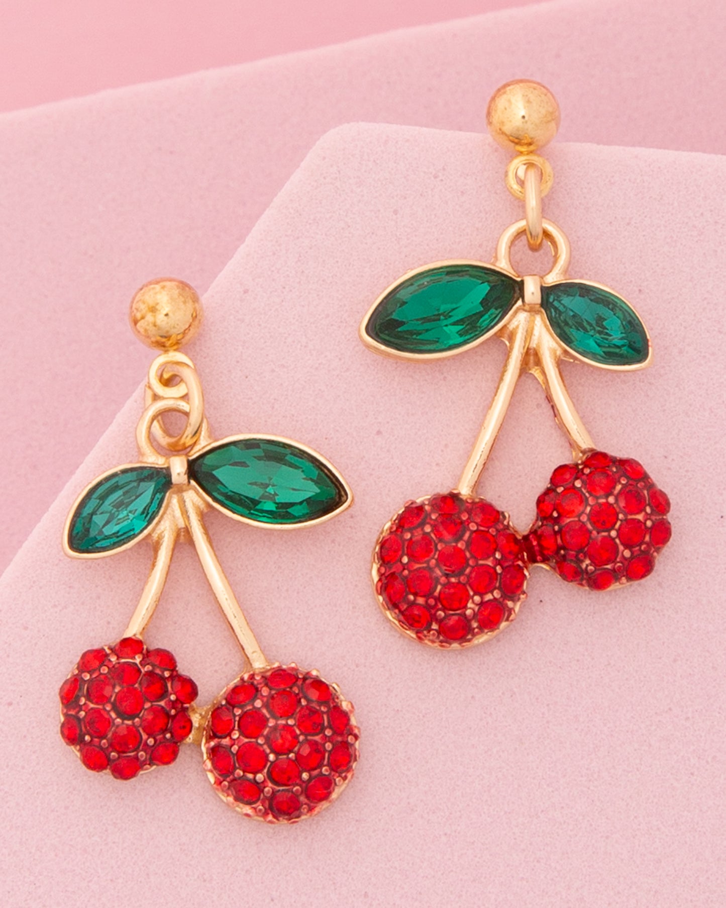 Sabrina Rhinestone Pavé Red Cherry Charm Post Dangle Earrings