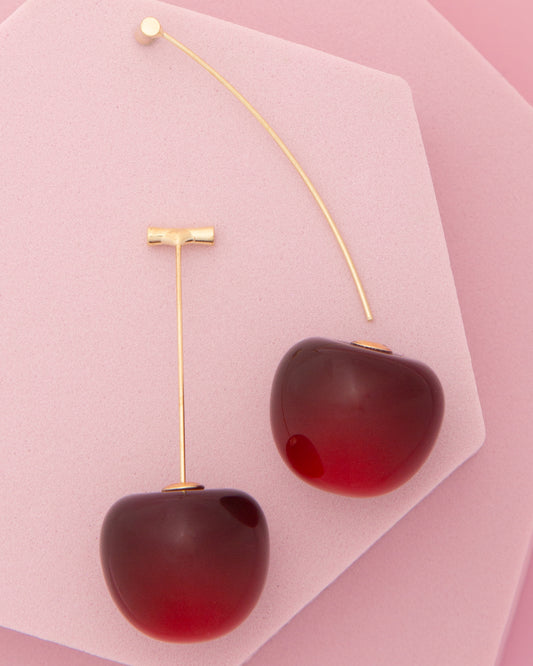 Laura Bar Chain Threader Earrings with 3D Acrylic Cherry Styled | Red