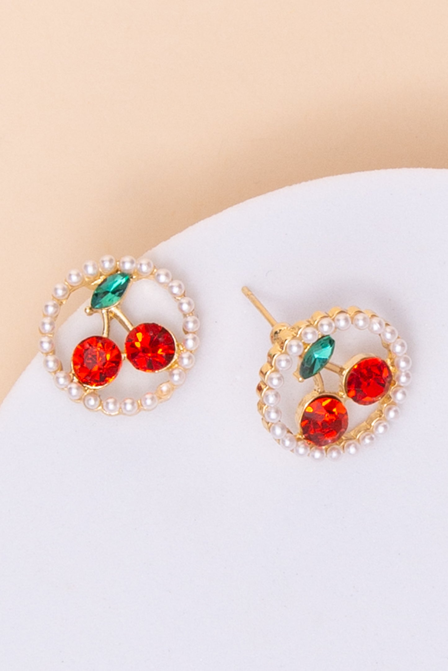 Naomi Crystal Cherry Post Earrings with Pearl Beaded Border