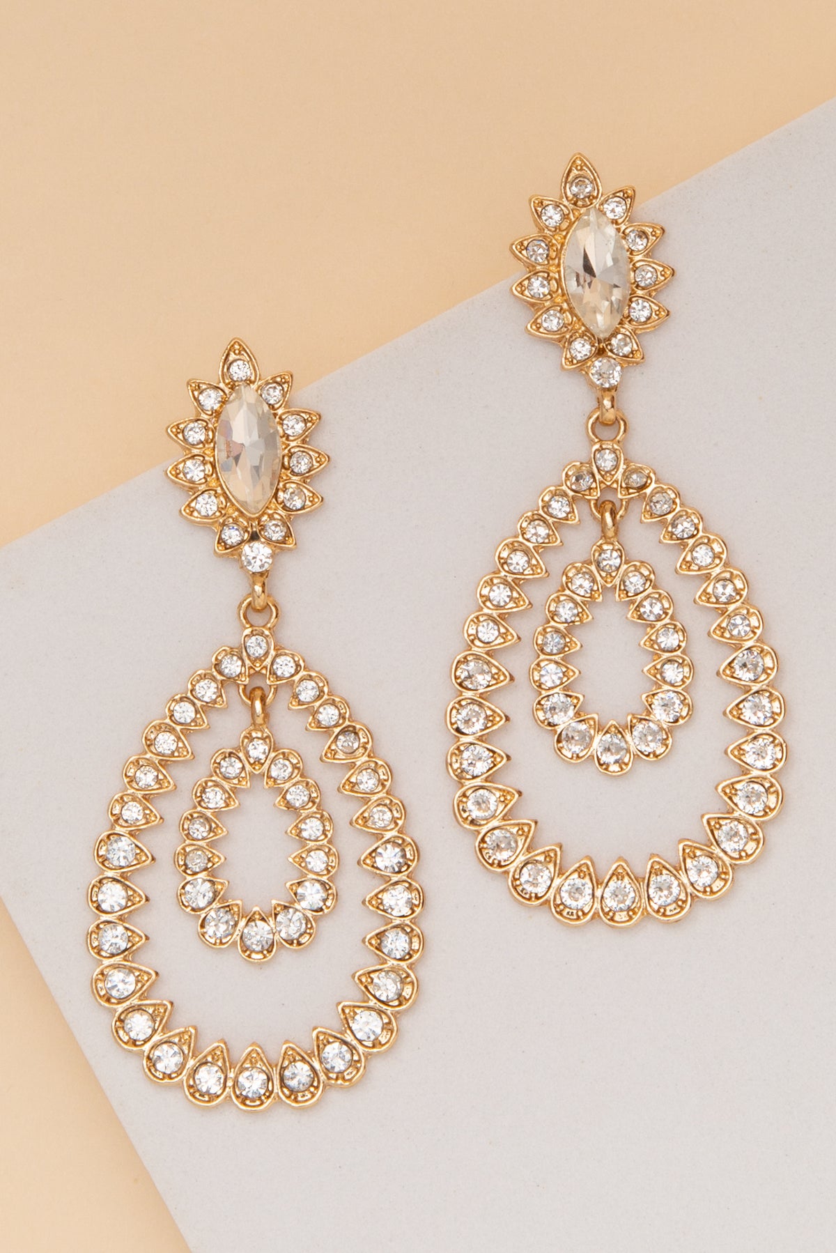 Audrey Crystal Bezel Set Teardrop Post Drop Earrings | Gold