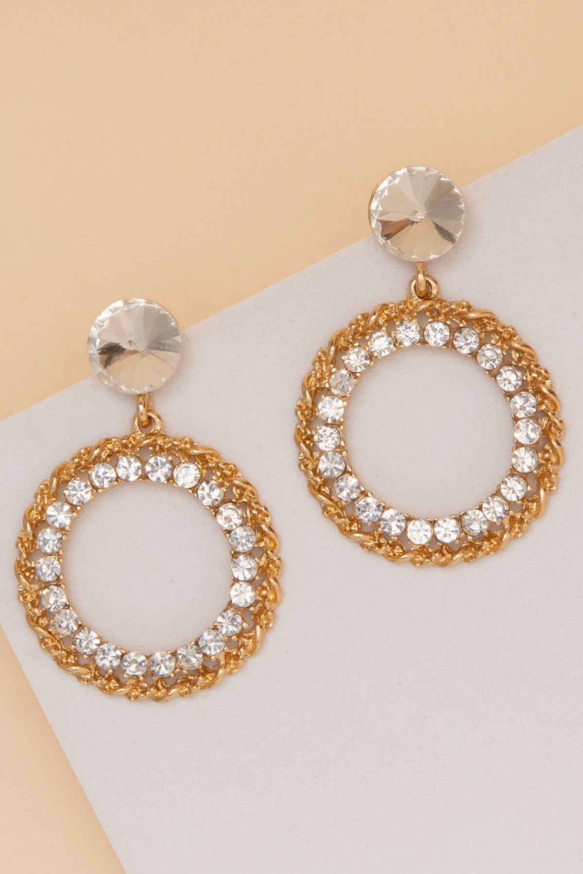 Natalie Crystal Brimmed Halo Open Center Round Drop Earrings | Gold