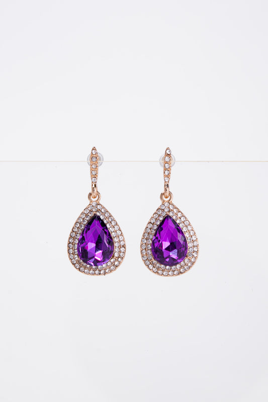 Colette Halo Teardrop Glass Stone Post Earrings | Purple