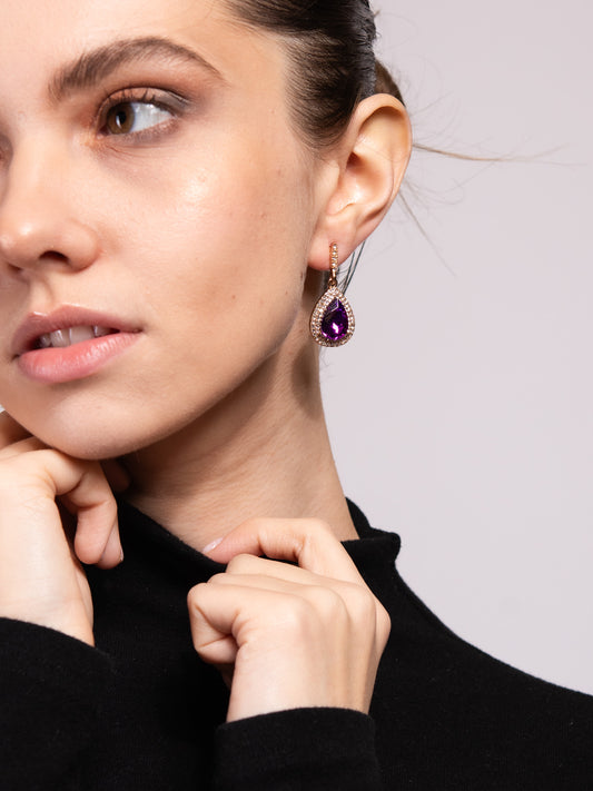 Colette Halo Teardrop Glass Stone Post Earrings | Purple