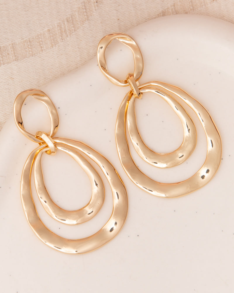 Francesca Hammered Finish Oval Door Knocker Post Dangle Earrings | Gold