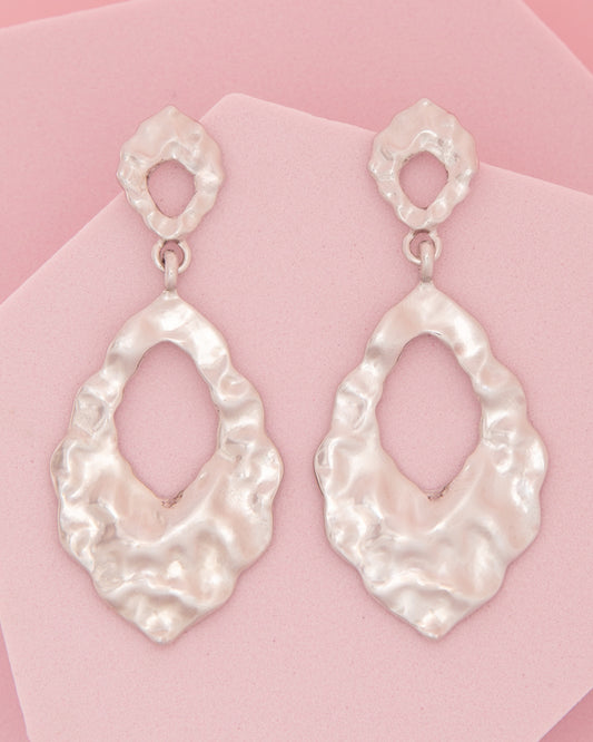 Arya Hammered Finish Teardrop Hoop Earrings | White Gold