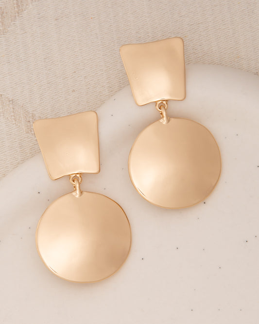 Iris Two-Tier Polished Finish Disc Post Dangle Earrings | Gold