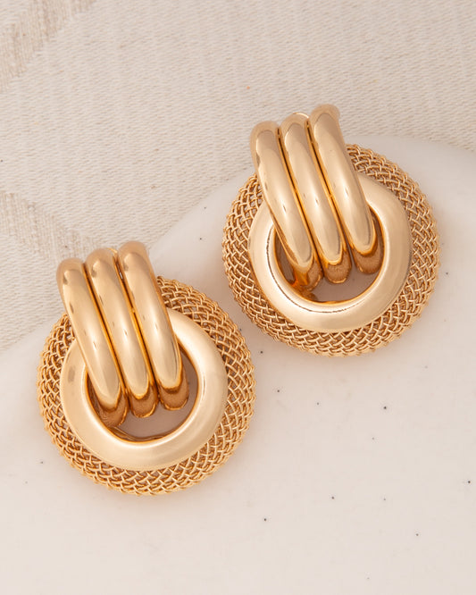 Melody Basket Weave Pattern Button Earrings | Gold