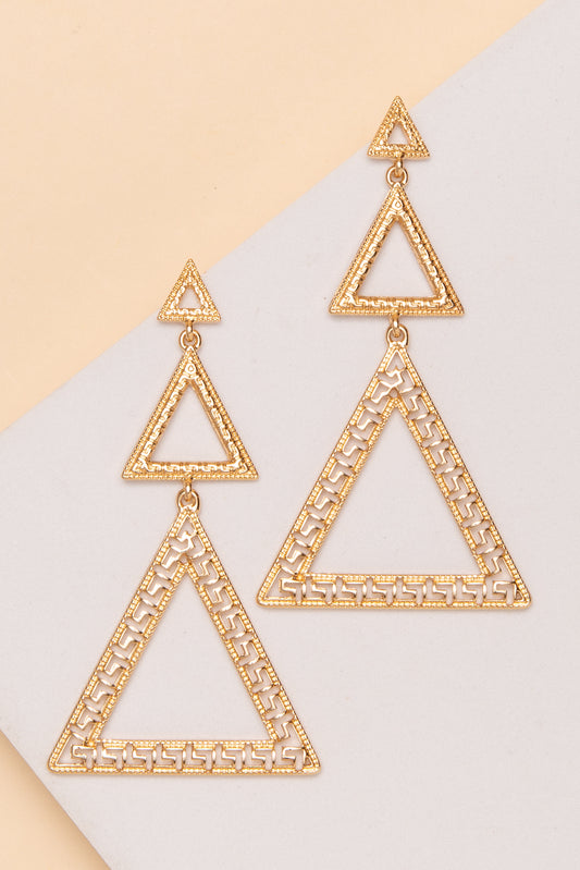 Valentina Greek Key Three Triangle Dangle Earrings | Gold