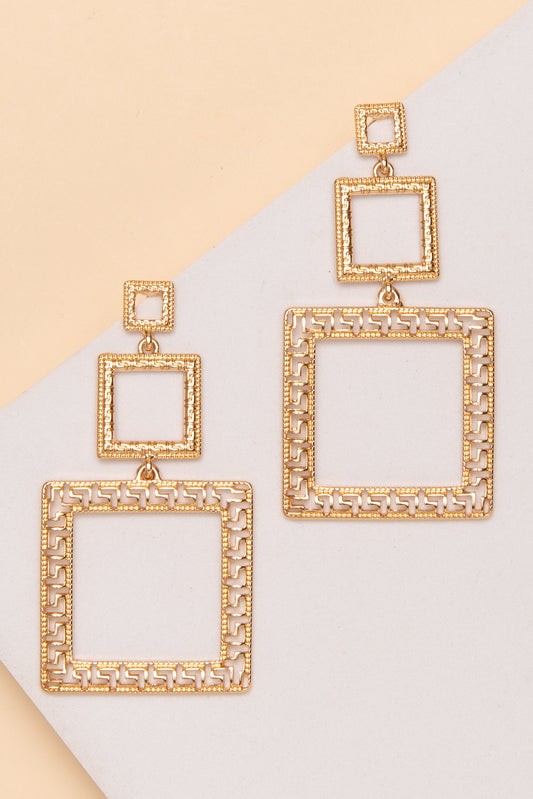 Hannah Greek Key Three Square Dangle Earrings | Gold