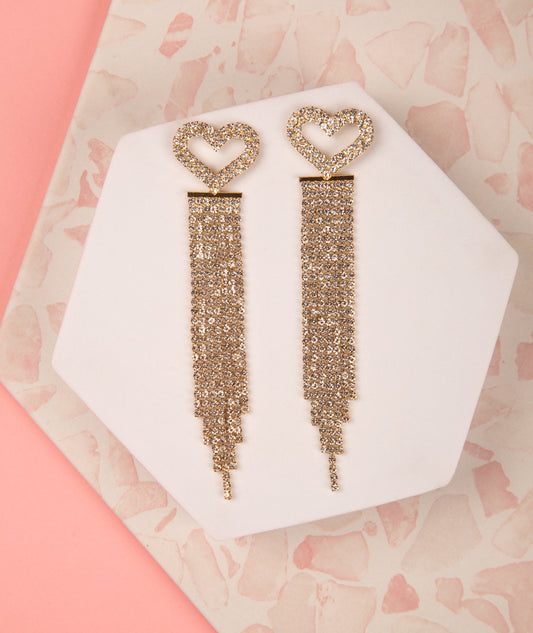 Crystal Open Heart Long Drop Tassel Earrings | Gold