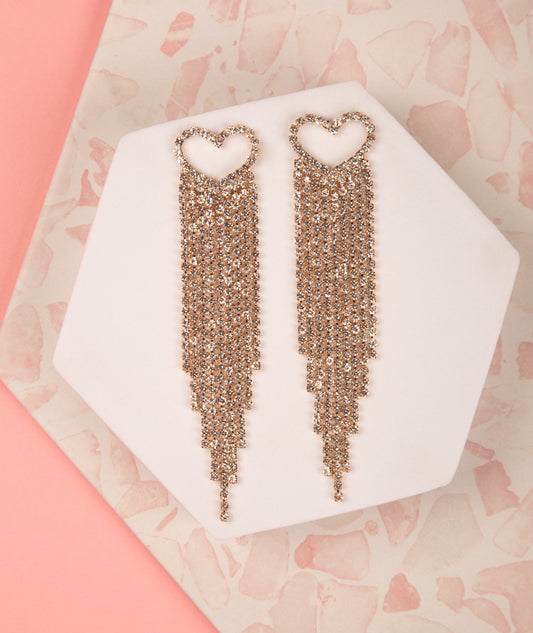 Hannah Open Heart Tassel Long Drop Crystal Earrings | Gold