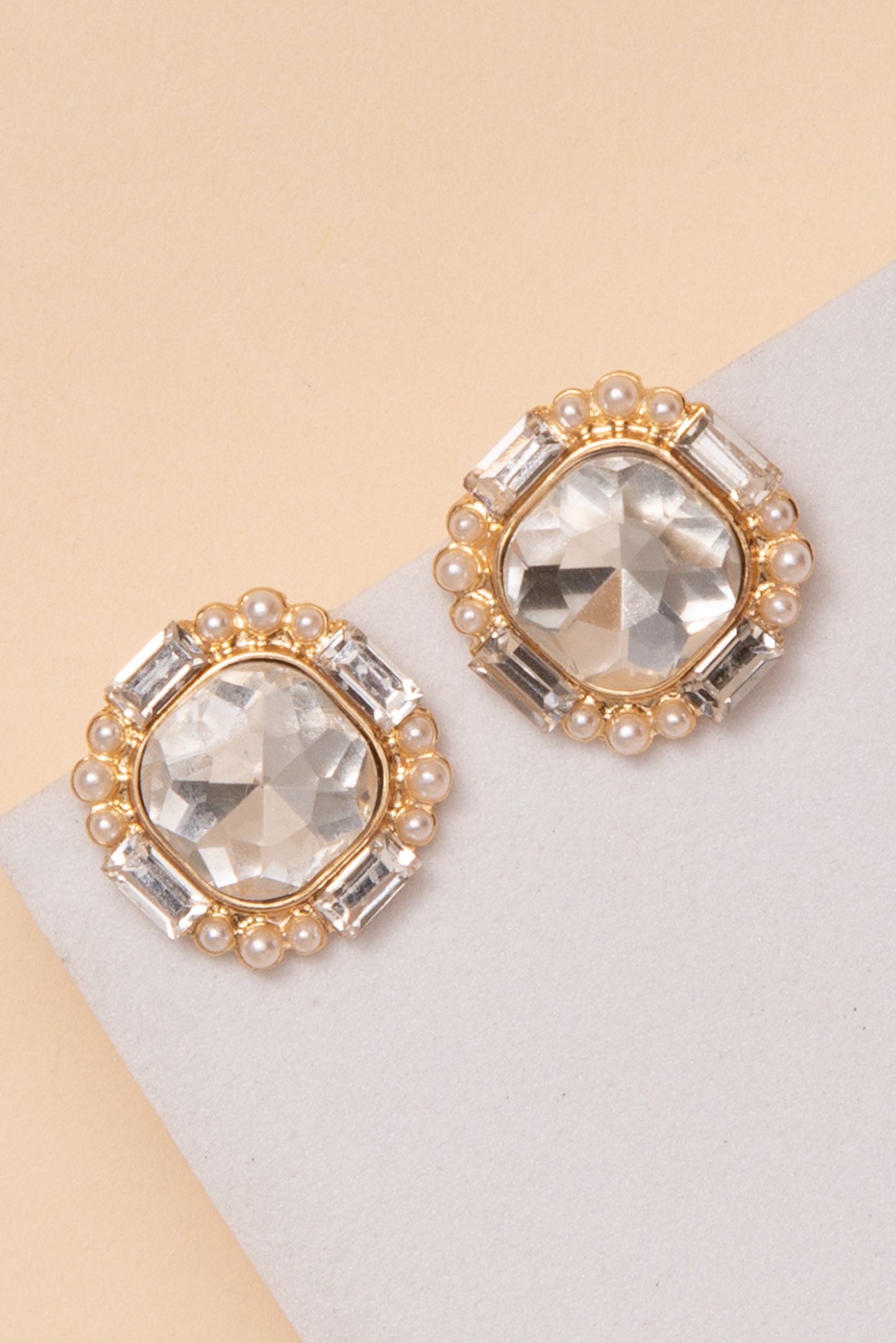 Allison Cushion Cut Crystal Post Earrings With Pearl Border | Gold