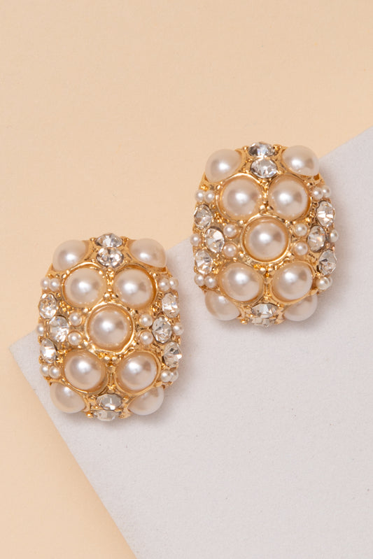 Aubrey Dome Post Earrings With Pearl Clusters And Rhinestone | Gold