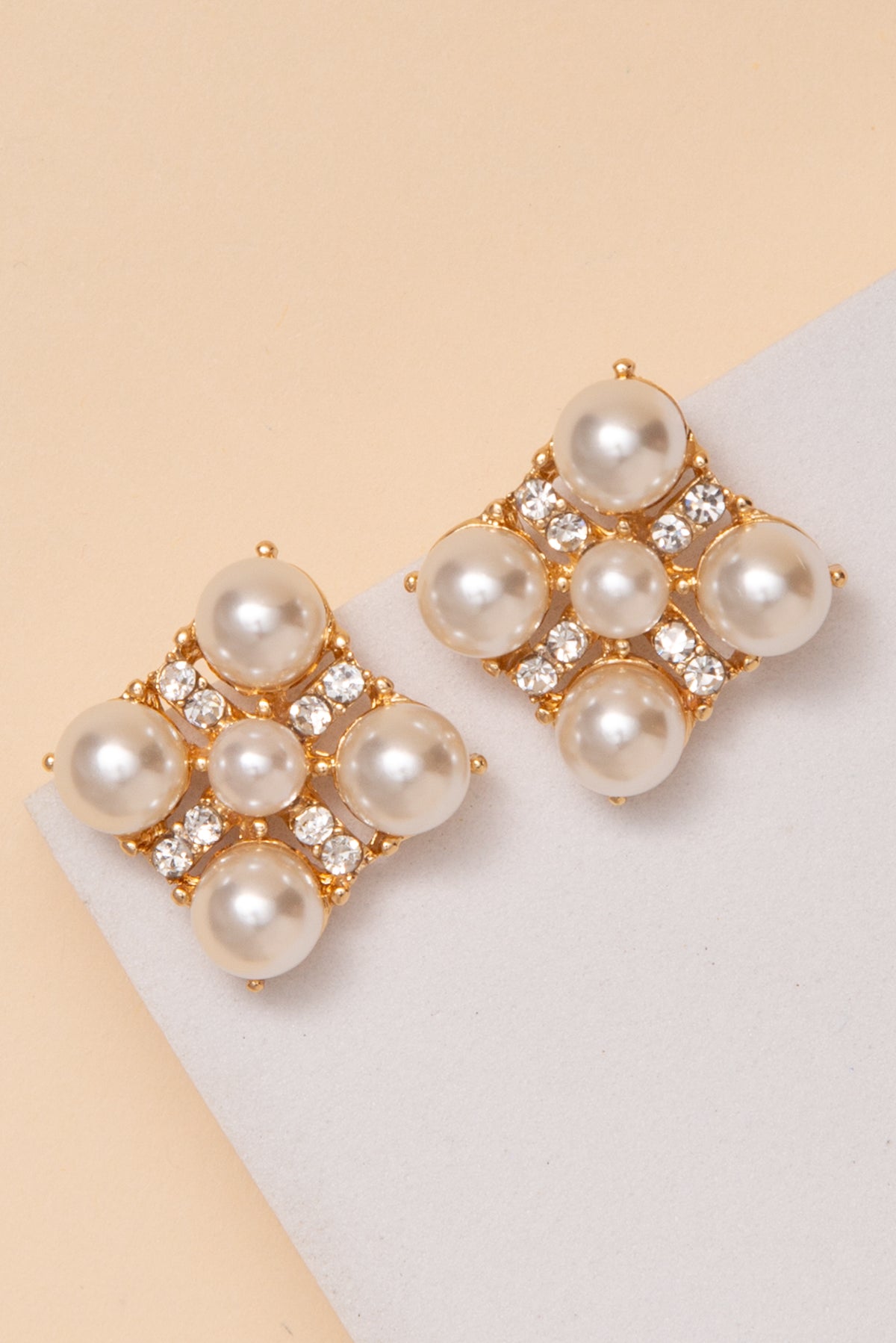 Isabelle Geometric Earrings With Crystal Pearl Cluster And Rhinestone | Gold Pearl
