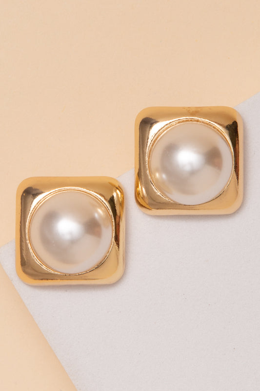 Aaliyah Square Post Earrings With Center Pearl Detail| Gold